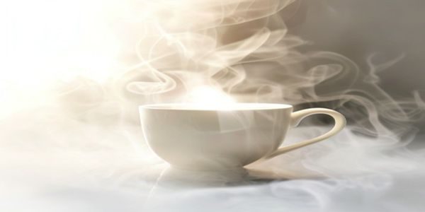 室内温暖灯光下冒着白色蒸汽的陶瓷茶杯特写，背景虚化呈现乳白朦胧质感，传递出乳色吐息意象的温柔情感氛围
