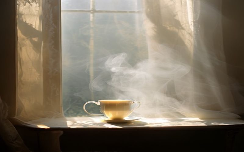 清晨茶杯中升腾的乳色吐息雾气，柔光透过薄纱窗帘洒落，整个画面笼罩在温柔朦胧的乳白色氛围中，静谧而诗意