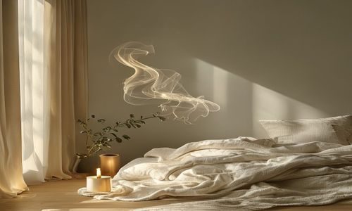 简约北欧风格卧室内点燃的香薰蜡烛，细细的烟雾形成乳色吐息般的白色弧线，与亚麻色床品和绿植共同构成温柔的生活美学空间