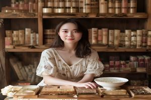 美学内容创作者林晓雾的工作照，她坐在摆满香氛样本和摄影书籍的工作台前，神情专注而温柔，展现乳色吐息美学研究者的气质